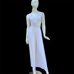 Vtg 50's 60's White Halter Sleeveless Plunge Tie V Neck Rhinestones Maxi Dress